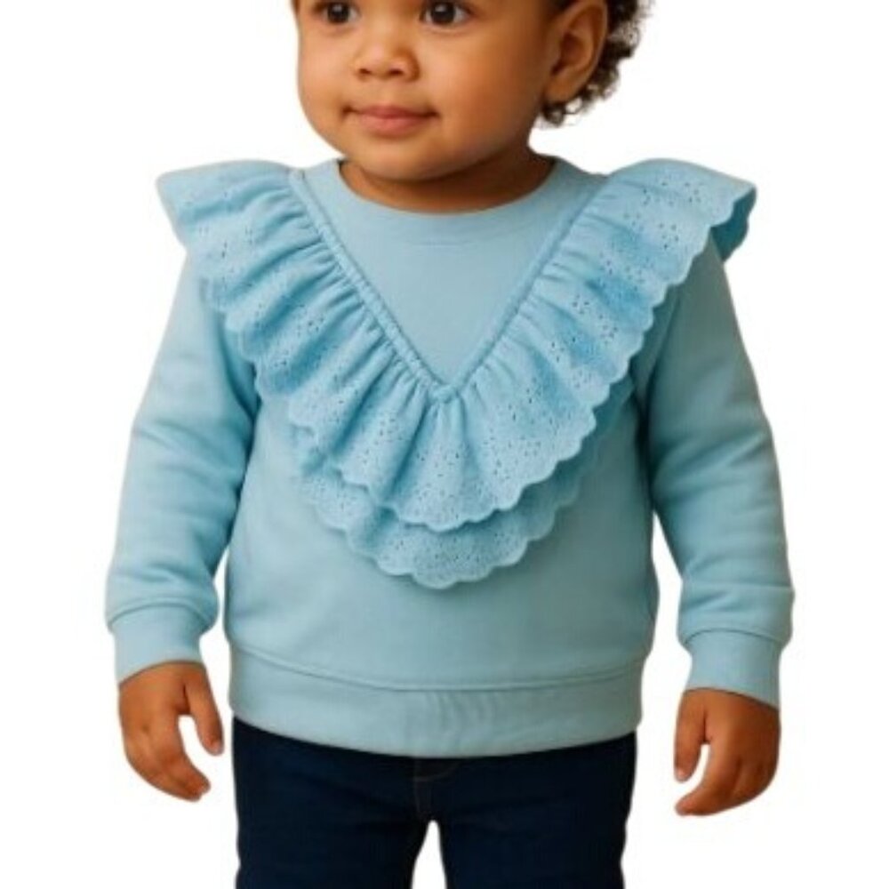 French Connection Kids 2T Light Blue Eyelet Ruffle Front Crewneck Sweatshirt NWT